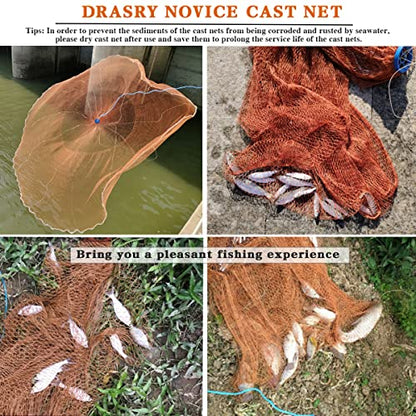 Saltwater American Fishing Cast Net 3/8inch Mesh Size for Bait Shrimp Trap Fish Heavy Duty Sinkers Throw Net 3FT/4FT/5FT/6FT/7FT/8FT/9FT/10FT Radius - color: yellow, size: 7FT Radius, style: Zinc-iron--tire Lines -3/8" Mesh 1lb/Ft