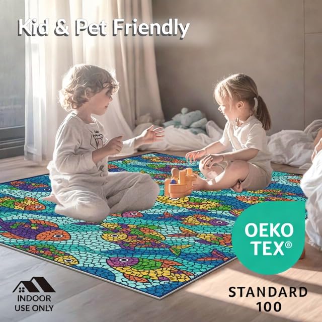 5'x7' Washable Graphic Fish Area Rug, Blue Non-Shedding Pet Friendly Carpet Easy Care Kids Safe Mat for Small Living Room, Playroom, Bedroom | Ref:1885552 - color: Blue/Pattern 33, size: 5' x 7' (Rectangular)