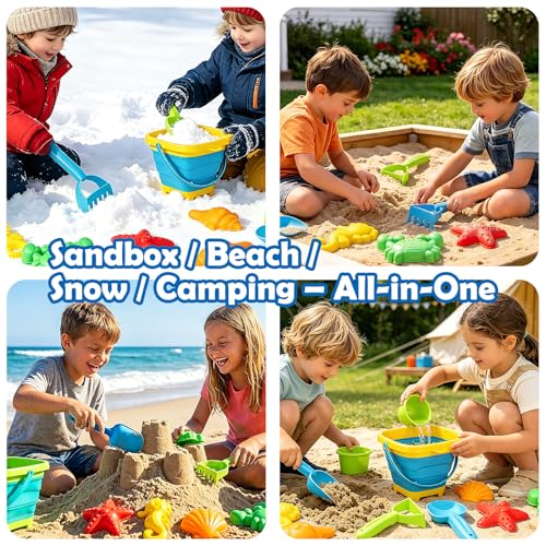 VGY Space-Saving Beach Toys for Kids,2 Collapsible Sand Buckets with Shovels,Rakes,Molds & Mesh Beach Bag,Portable Travel Sandbox Toys for Toddlers Ages 3-10