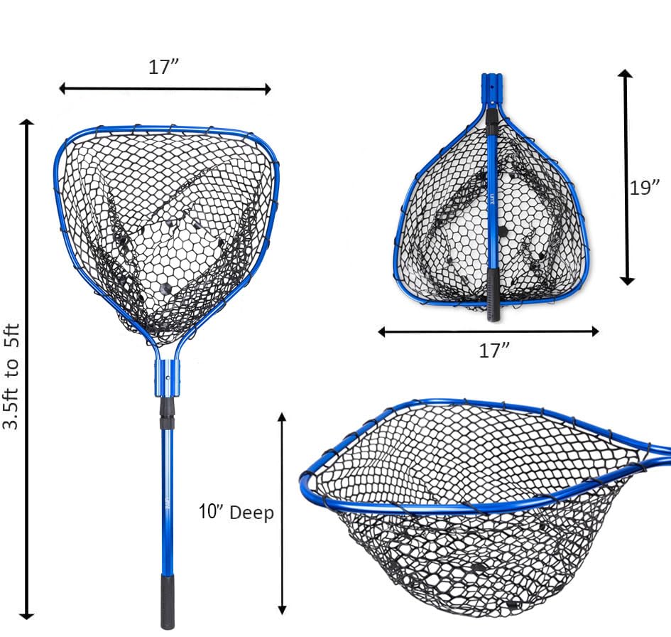 UMT Telescopic Fishing Landing Net (3.6–5 ft) — 17" x 19" Large Hoop, 10" Deep Silicone Rubber Mesh, Tight Handle Fit, for Freshwater & Saltwater, Blue