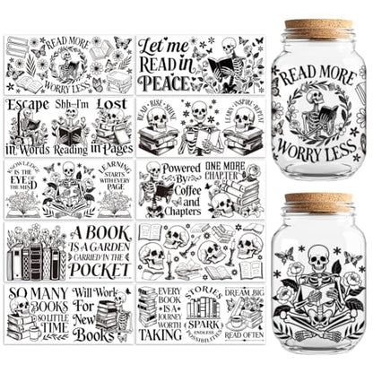 UV DTF Cup Wraps Transfer Stickers Book and Skull Pattern, 10 Sheets Waterproof Custom Vinyl Transfer Sticker 16oz Coffee Glass Cup Tumbler Bottle Mug Decals for Men Women - style: Book and Skull