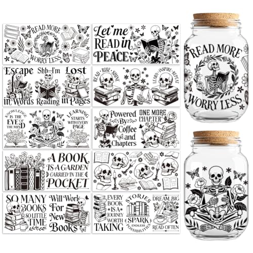 UV DTF Cup Wraps Transfer Stickers Book and Skull Pattern, 10 Sheets Waterproof Custom Vinyl Transfer Sticker 16oz Coffee Glass Cup Tumbler Bottle Mug Decals for Men Women - style: Book and Skull