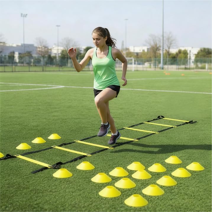Agility Ladder Training Set, 20ft Speed Ladder with 4 Hurdles, Jump Rope, 12 Soccer Cones & Running Parachute, All-in-One Agility Speed Training Equipment for Soccer, Football, Basketball - color: Orange