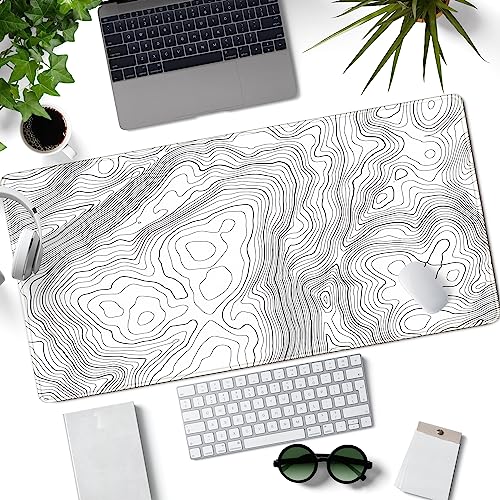 Desk Mat Large Gaming White Mouse Pad Minimalist Topographic Map Desk Mat Extended XL Mousepad 31.5x15.7 in Anti-Slip Desk Pad Keyboard Mousepad Stitched Edges Large Mouse Pad Grey - color: Grey