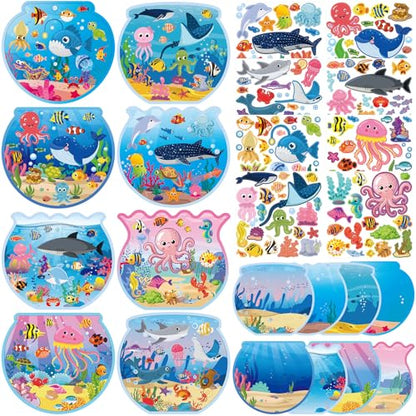 Frienda 48 Set Fishbowl Sticker Craft Kit Make Your Own Under the Sea Ocean Scene Stickers Bulk DIY Ocean Sea Animals Scene Stickers Shark Clown Fish for Summer Party Favors Home Game Activities - style: Fish