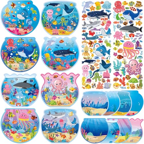 Frienda 48 Set Fishbowl Sticker Craft Kit Make Your Own Under the Sea Ocean Scene Stickers Bulk DIY Ocean Sea Animals Scene Stickers Shark Clown Fish for Summer Party Favors Home Game Activities - style: Fish