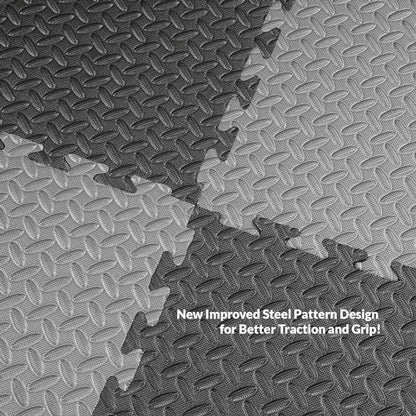 1" Extra Thick 48 sq ft Reversible EVA Gym Foam Floor Mat Tiles (24" x 24"), Steel Pattern, 12 pcs, Black & Grey
