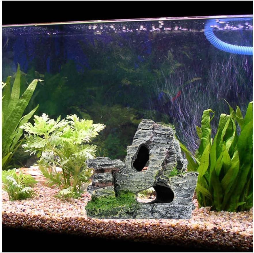 Resin Aquarium Mountain Decor with Moss Rock Cave - Multi-Level Terrain for Fish Tank Landscaping, Natural-Looking Rockery Design with Hidden Cave and Crevices for Shrimp, Reptile Habitat Aquascaping