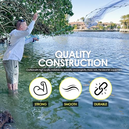 American Cast Fishing Net for Bait Trap Fish: 4ft/ 6ft/ 8ft Sizes for Saltwater & Freshwater Fishing - Enhanced with Heavy-Duty Zinc Sinker Weights - size: Large