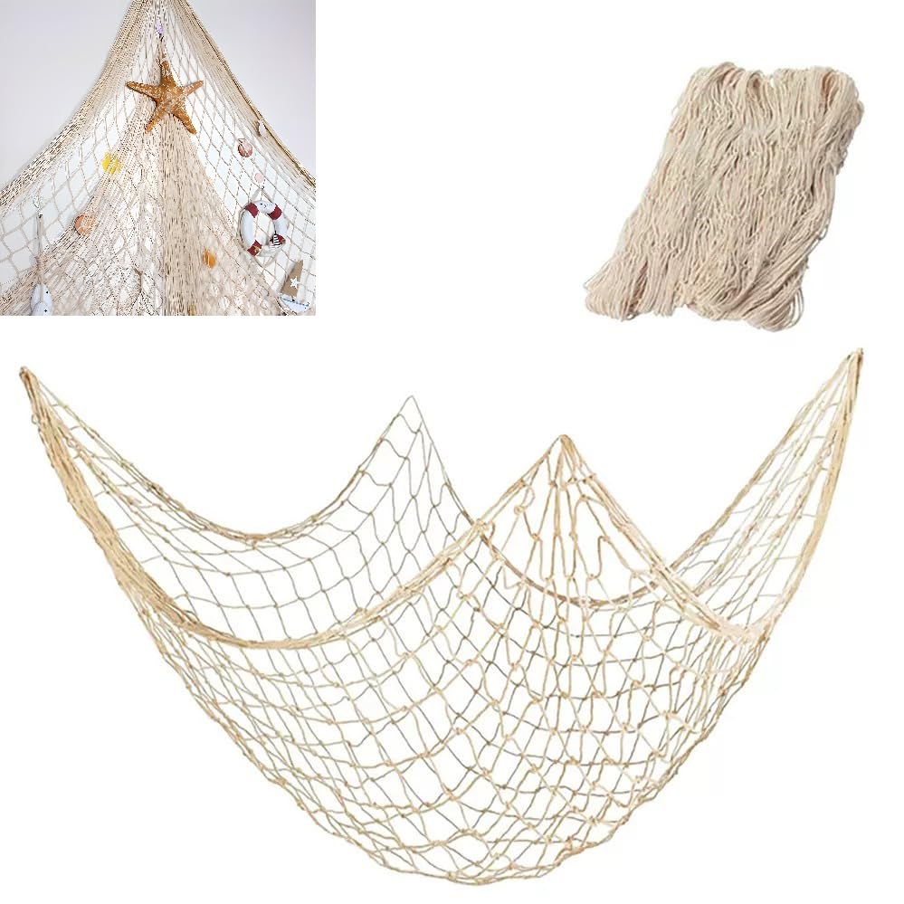 80"x40" Fish Net Decorations, Natural Cotton Fishing Net Decor Fishnet Rope Decoration for Under The Sea Hawaiian Pirate Ocean Beach Themed Party (1 Pack)