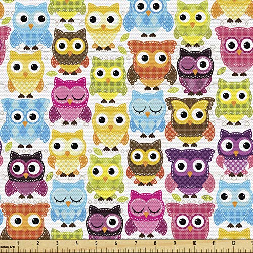 Lunarable Owls Fabric by The Yard, Animals Different Face Expressions Winking Looking Sleeping Colorful Playful Design, Decorative Fabric for Upholstery and Home Accents, 2 Yards, Green Aqua - color: Green Aqua, size: Upholstery Fabric 2 yards