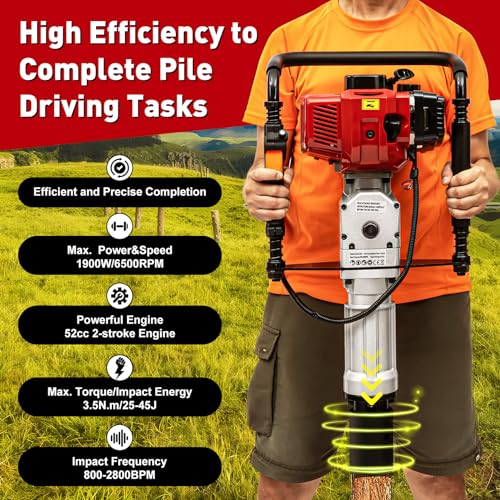 Gas Powered T-Post Driver, 52CC 2-Stroke T Post Pounder Driver Heavy Duty Gasoline,1900W Fence Farm Push Pile Gasoline Engine Kit w/Mixing Oil Bottle for Posts Stakes & Gardening (52CC)