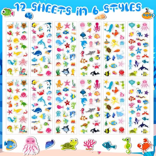 UPINS 12 Sheets Ocean 3D Puffy Stickers for Kids, Under The Sea Animal Cute Fish Shark Foam Stickers for Boys Girls Birthday Gifts, Classroom Reward, DIY Crafts Decorations