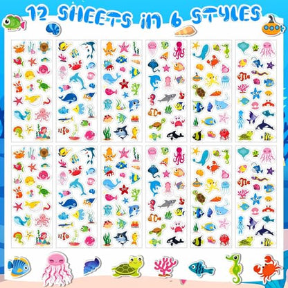 UPINS 12 Sheets Ocean 3D Puffy Stickers for Kids, Under The Sea Animal Cute Fish Shark Foam Stickers for Boys Girls Birthday Gifts, Classroom Reward, DIY Crafts Decorations