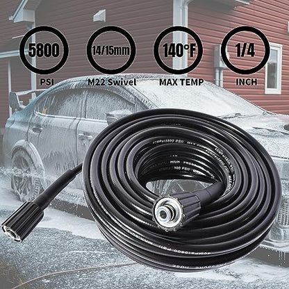 25FT High Pressure Washer Extension Hose 1/4" inch M22-14mm/15mm Fittings Kink Resistant Power Washer Replacement Hose For Most Brand 5800PSI