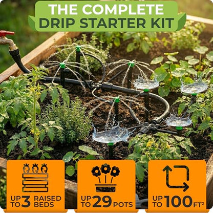 Drip Irrigation System Kit - Complete Quick Connect Garden Watering System with Adjustable Sprinkler Emitters, 5/16" & 1/4" Tubing - Drip Line for Raised Beds, Greenhouse