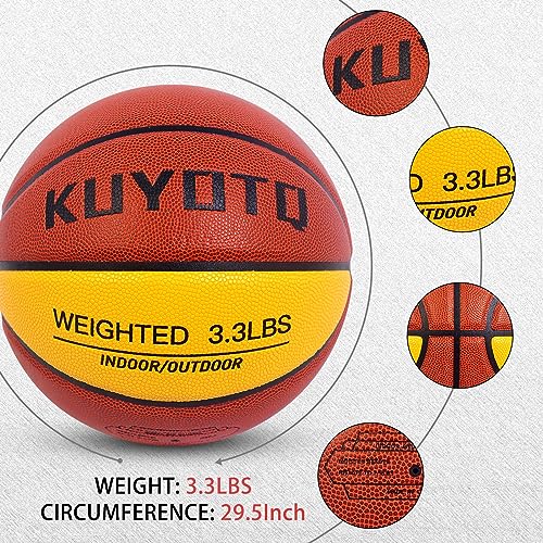 KUYOTQ 3LBS/3.3LBS/2.2LBS Weighted Heavy Training Basketball 29.5/28.5" in and Outdoor Improving Handling Dribbling Passing Rebounding Skill Composite Size 7/6 Weighted Training Basketball Equipment - color: Brown+Yellow, size: Size 7 Adult & Pro - 29.5"-