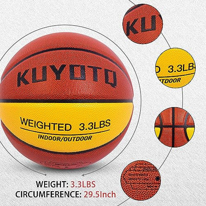 KUYOTQ 3LBS/3.3LBS/2.2LBS Weighted Heavy Training Basketball 29.5/28.5" in and Outdoor Improving Handling Dribbling Passing Rebounding Skill Composite Size 7/6 Weighted Training Basketball Equipment - color: Brown+Yellow, size: Size 7 Adult & Pro - 29.5"-