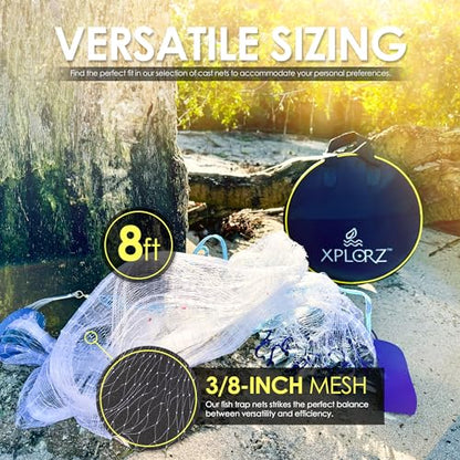 American Cast Fishing Net for Bait Trap Fish: 4ft/ 6ft/ 8ft Sizes for Saltwater & Freshwater Fishing - Enhanced with Heavy-Duty Zinc Sinker Weights - size: Large
