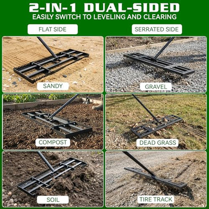 Housolution 32"x10" Lawn Leveling Rake with Serrated Edge & Smooth Plate, Heavy-Duty Stainless Leveling Rake with 72" Adjustable Handle, Serrated Rake for Soil/Dirt/Compost/Dead Grass/Gravel