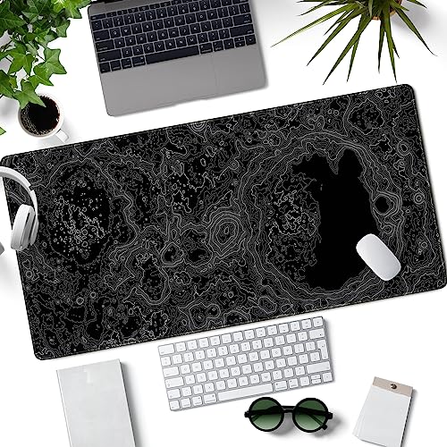 Dimensional Black Topographic Desk Mat Gaming Desk Pad Large Gaming Mouse Pad Desk Accessories Desk Mat Extended Mousepad 31.5 x 15.7 in, with Anti-Slip Stitched Edges Long Computer Keyboard Mouse Mat - color: Black-gray
