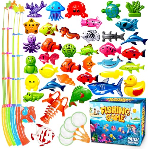 Goody King Magnetic Fishing Game Pool Party Pole Rod Net - Bathtub Outdoor Indoor Carnival Party Water Table Fish 4 Players Gift Age 3-5 6 4-8 (Large) - size: Large