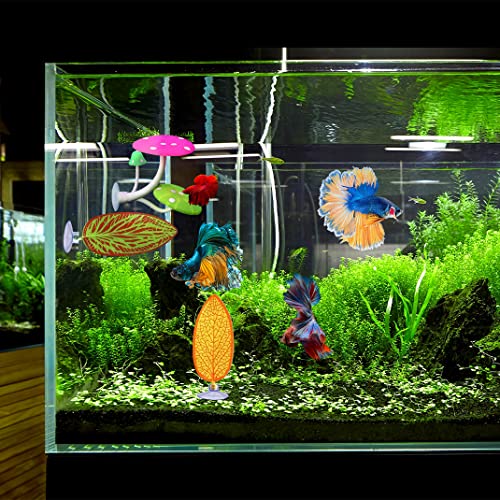 5 pcs Betta Mushroom Hammock + Leaf Pads Fish Tank Silicone Soft Aquarium Fish Playing Pads with Suction Cup Aquarium Ornament Fish Tank Decorations Accessories (Mushrooms+Leaves)