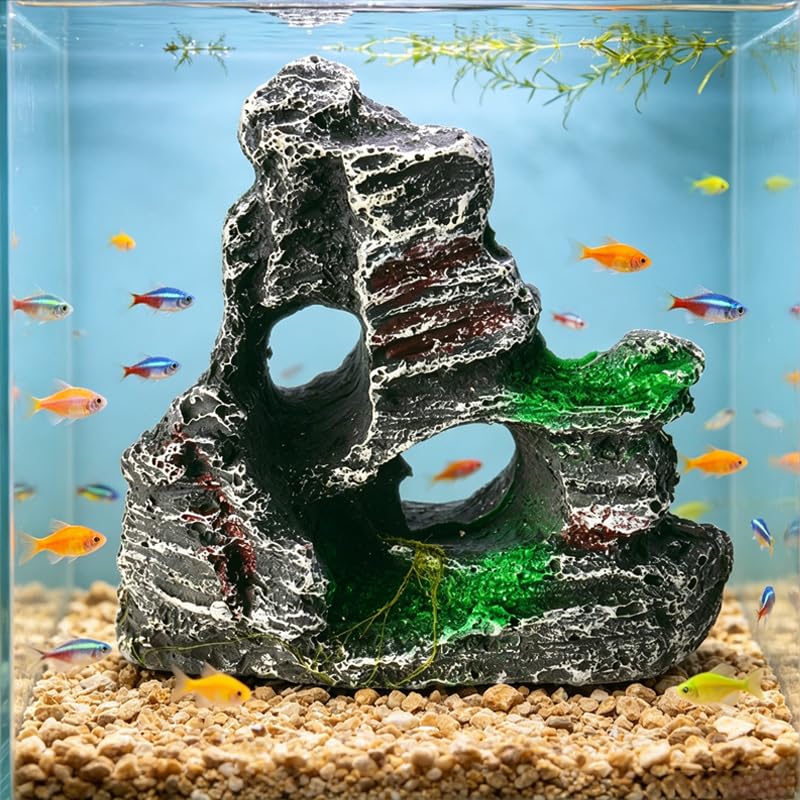 Aquarium Rock Cave Ornament, Resin Mountain View Hideout Decor for Fish Tank, Safe Shelter for Small Fish and Shrimp