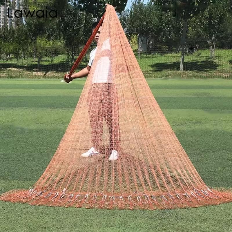 Lawaia Traditional Fishing Cast Net Multifilament Line Landing Net with Steel Pendant Weight Hand Throwing Fish Net White Nylon Small Mesh - color: brown, size: 2.5m high