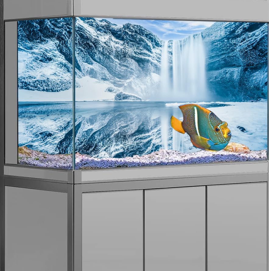72X16IN Blue Sky White Iceberg Aquarium Background, Snow Mountain Fish Tank Decorations Background, Christmas Art Terrarium Background with 8 EVA Double-Sided Tape - size: 72X16in/180X40cm