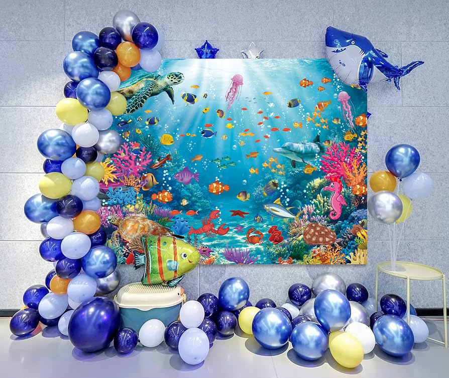 Underwater Backdrop Aquarium Ocean Corals Tropical Fish Photography Background Ocean Theme Party Decorations for Kid Boy's Birthday Cake Table Photo Booth Props (8x6FT) - size: 8x6FT
