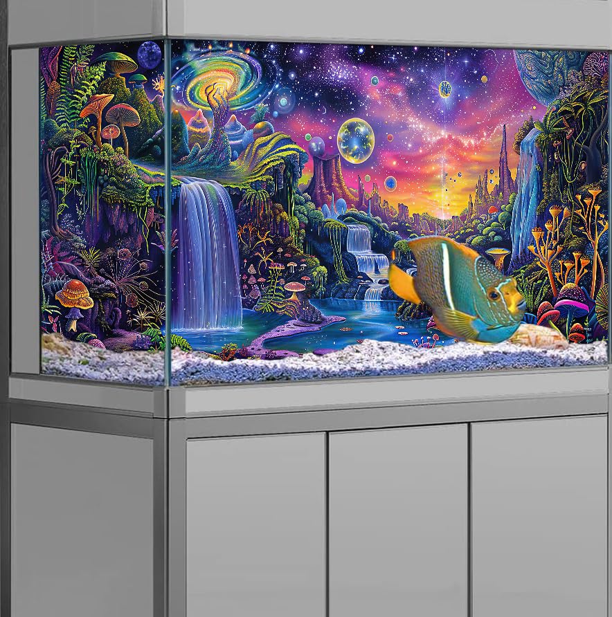 Aquarium Background with Galaxy Space Planet Design, Waterfall Landscape Tapestry Fantasy Mountain Wave Wall Tapestry Mysterious Neon Plants Fish Tank with Mushroom Design - size: 36" X 24" （90X60 cm）