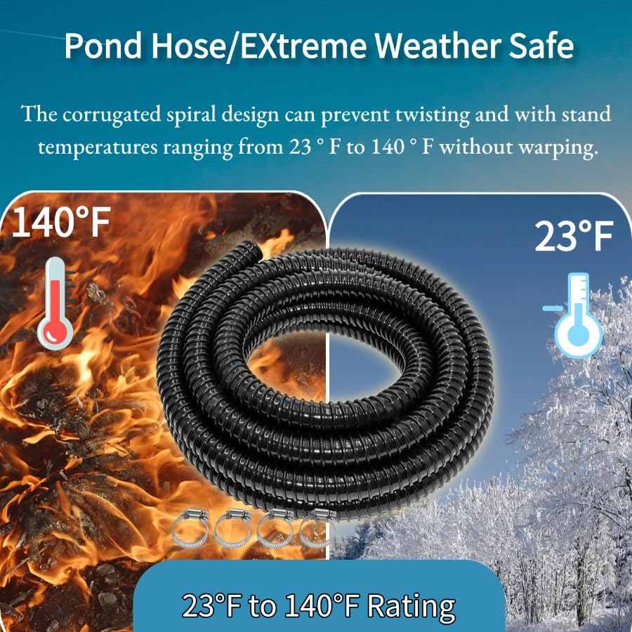 Pond Tubing 1" 20FT Length, Black Corrugated Flexible Reinforced PVC Hose for Pond Pump Fountain Garden Waterfall with 4 Stainless Clamps ﻿