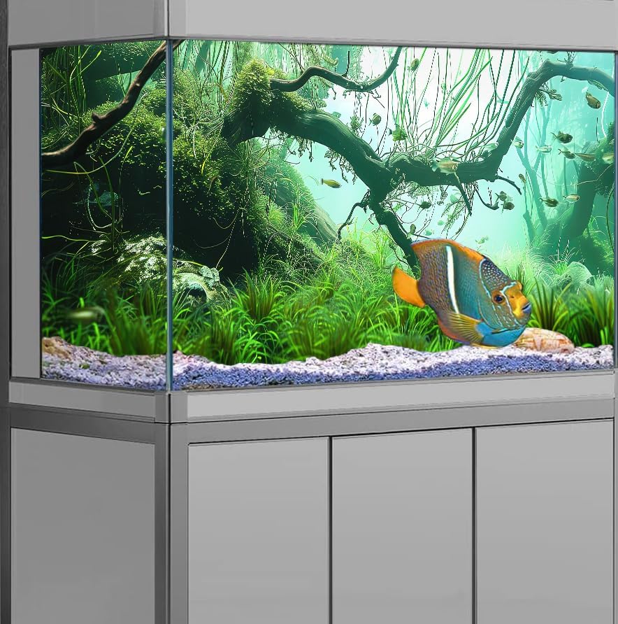 48X24IN Natural Submerged Forest Background Aquarium Background, 3D Image of Underwater Fish Tank Decoration, Greenery with 10 EVA Double-Sided Tape ﻿