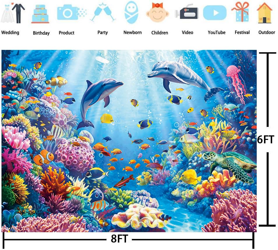 8x6ft Under The Sea Backdrop Underwater World Coral Reef Photography Background for Ocean Theme Birthday Baby Shower Party Decorations (8x6FT（240x180cm）) - size: 8x6FT（240x180cm）