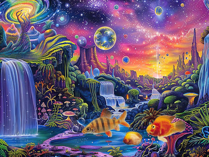 Aquarium Background with Galaxy Space Planet Design, Waterfall Landscape Tapestry Fantasy Mountain Wave Wall Tapestry Mysterious Neon Plants Fish Tank with Mushroom Design - size: 24" X 12" （60X30 cm）