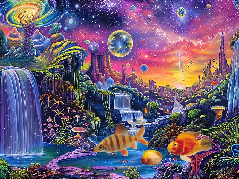 Aquarium Background with Galaxy Space Planet Design, Waterfall Landscape Tapestry Fantasy Mountain Wave Wall Tapestry Mysterious Neon Plants Fish Tank with Mushroom Design - size: 24" X 16" （60X40 cm）