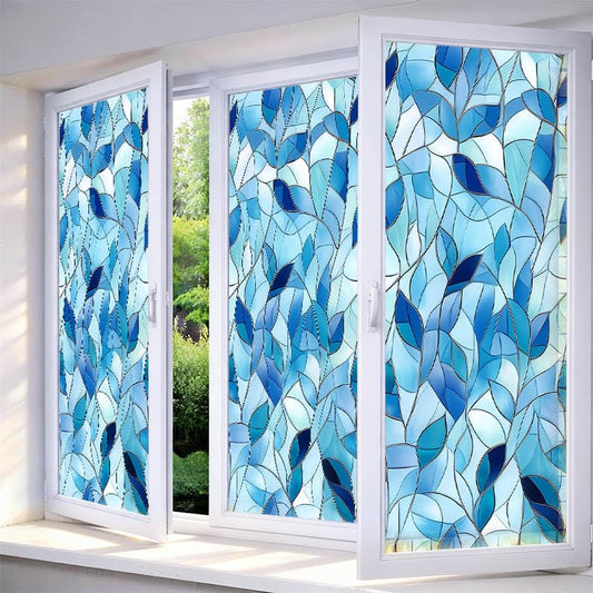 Stained Glass Window Film Blue Leaf Pattern 17.7 x 39.3 Inch Mosaic Decorative Privacy Window Film Static Cling Sun Blocking Decor Removable for Living Room Bathroom Home Privacy Glass Covering - color: Abstract Blue Leaves