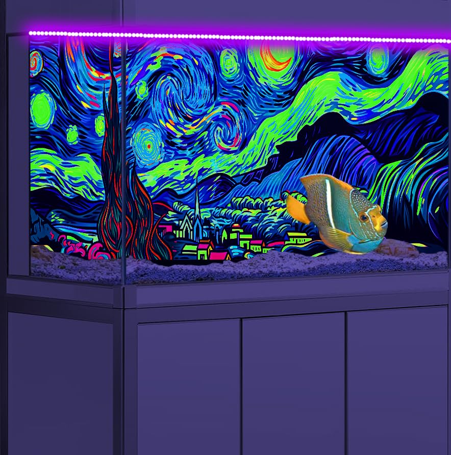 24X16IN Blacklight Vincent Van Gogh Black Light Aquarium Background, UV Fish Tank Background Art Star Oil Painting Terrarium Background with 10 EVA Double-Sided Tape - size: 24X16in/60X40cm